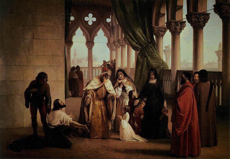 Francesco Hayez The Two Foscari: Francesco Foscari, Doge of Venice banishing his son Jacopo on the charge of treasonable correspondence while in exile